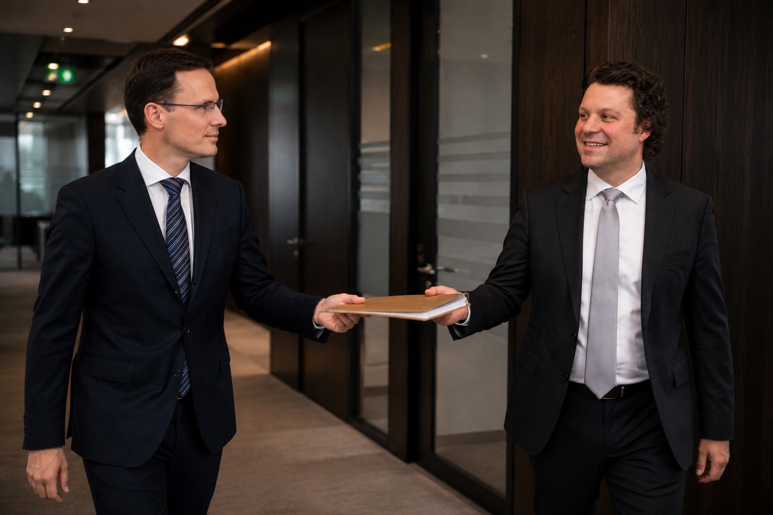Zwei Anwälte von corelaw bei der Übergabe einer Mandatsakte