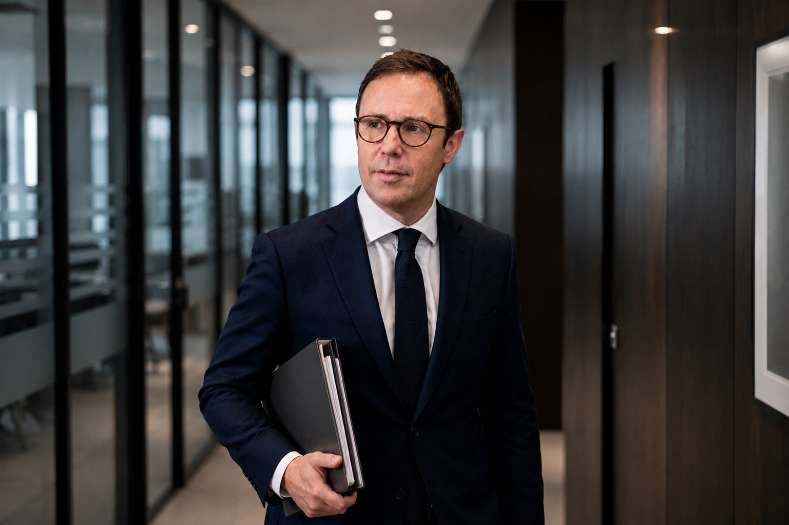 Fachanwalt von corelaw mit Mandatsakte im Kanzlei-Flur