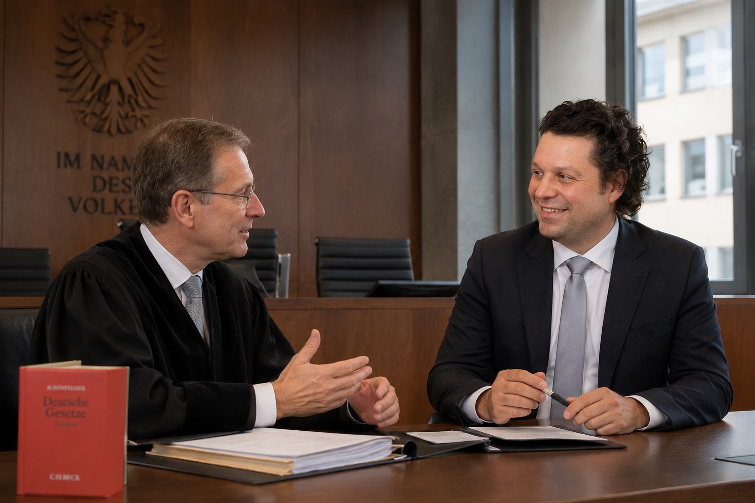 Rechtsanwalt von corelaw mit Mandant im Gerichtssaal