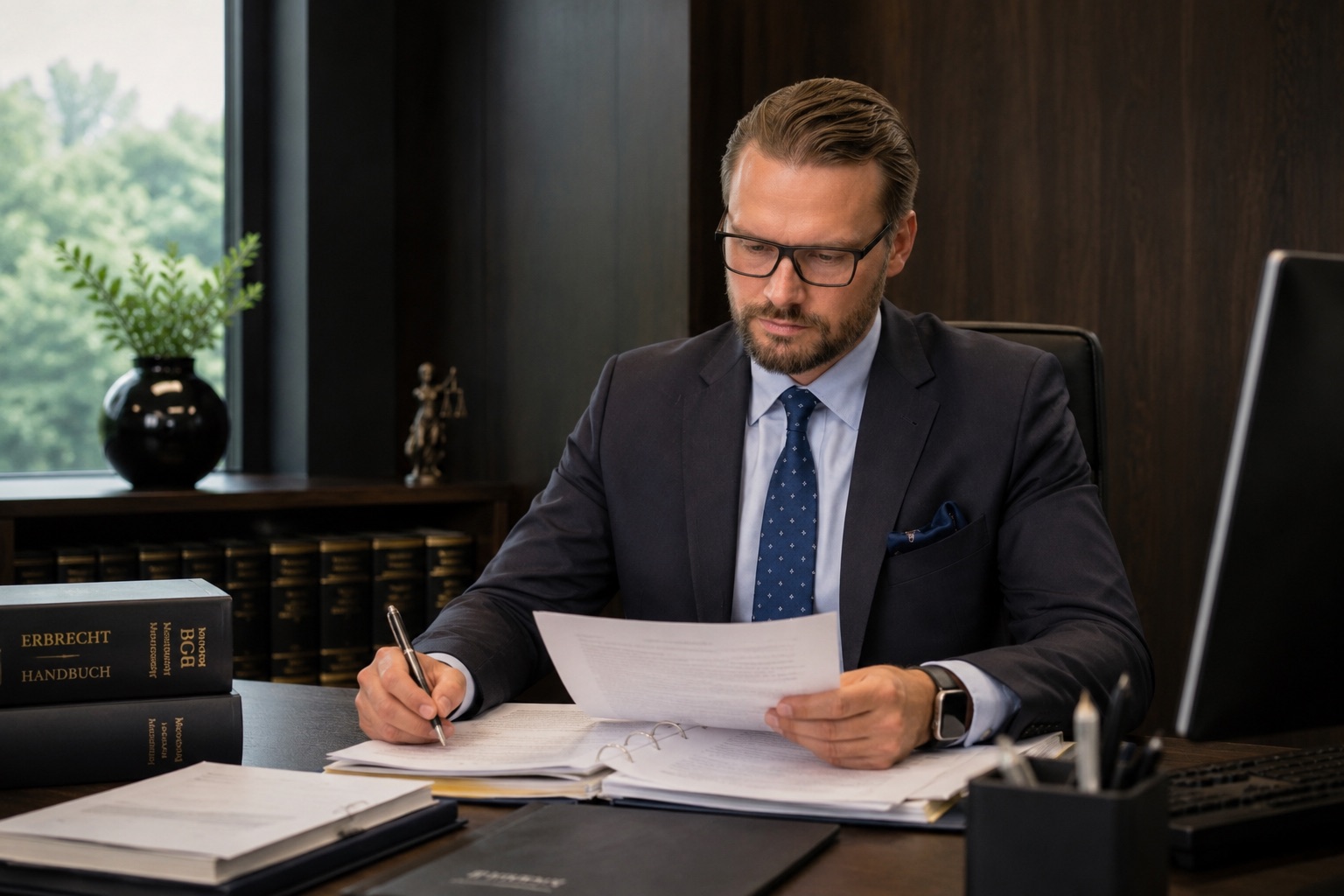 Fachanwalt von corelaw prüft konzentriert Unterlagen am Schreibtisch
