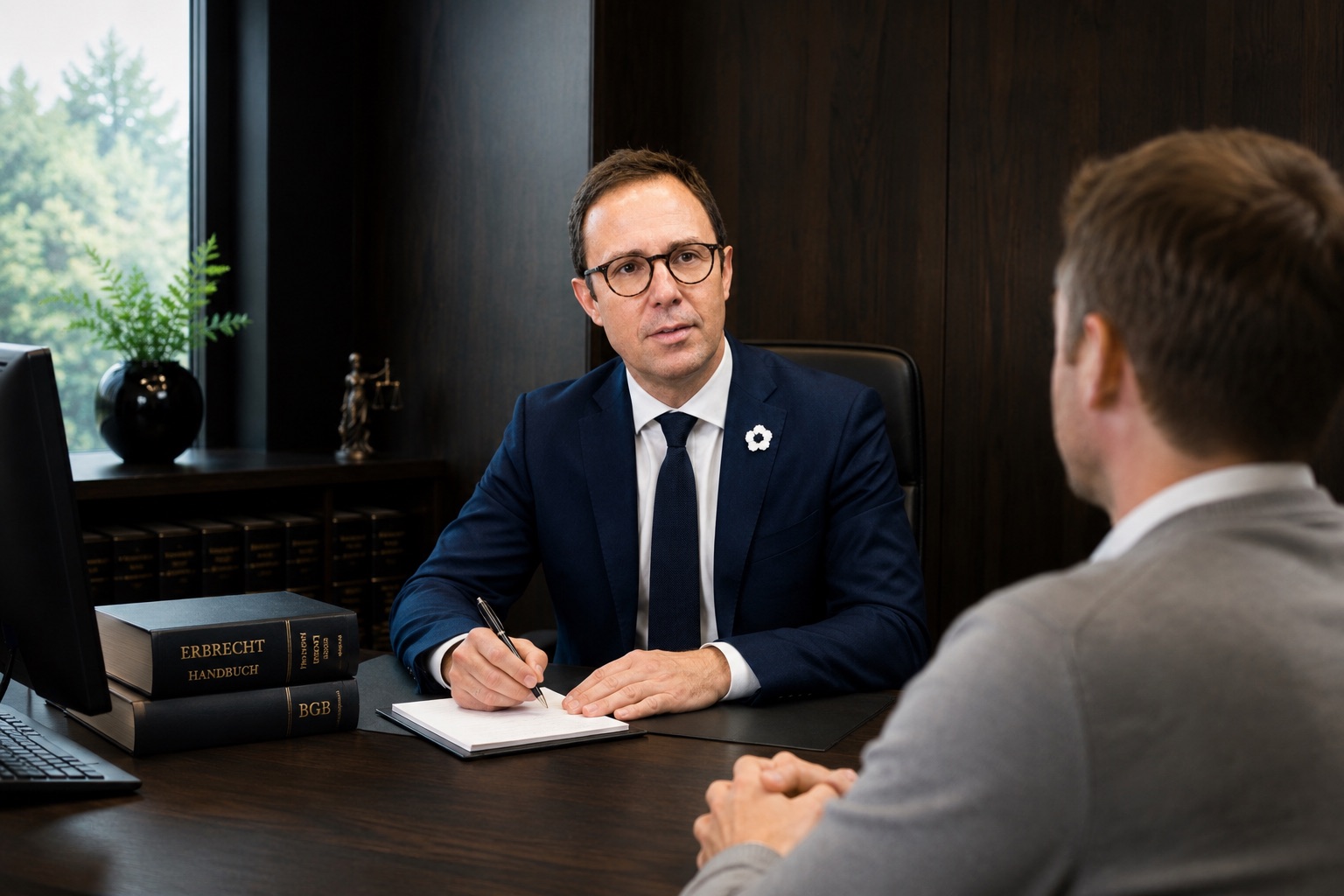 Fachanwalt von corelaw im Beratungsgespräch mit einem Mandanten am Schreibtisch