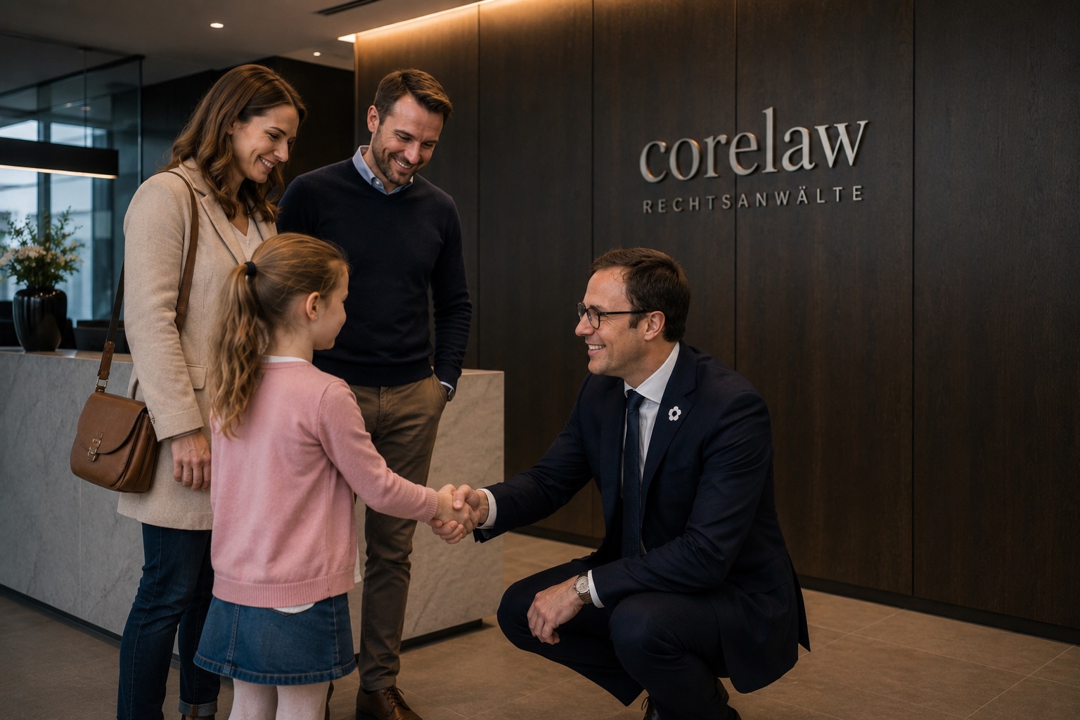 Rechtsanwalt von corelaw begrüßt eine Familie im Empfang der Kanzlei