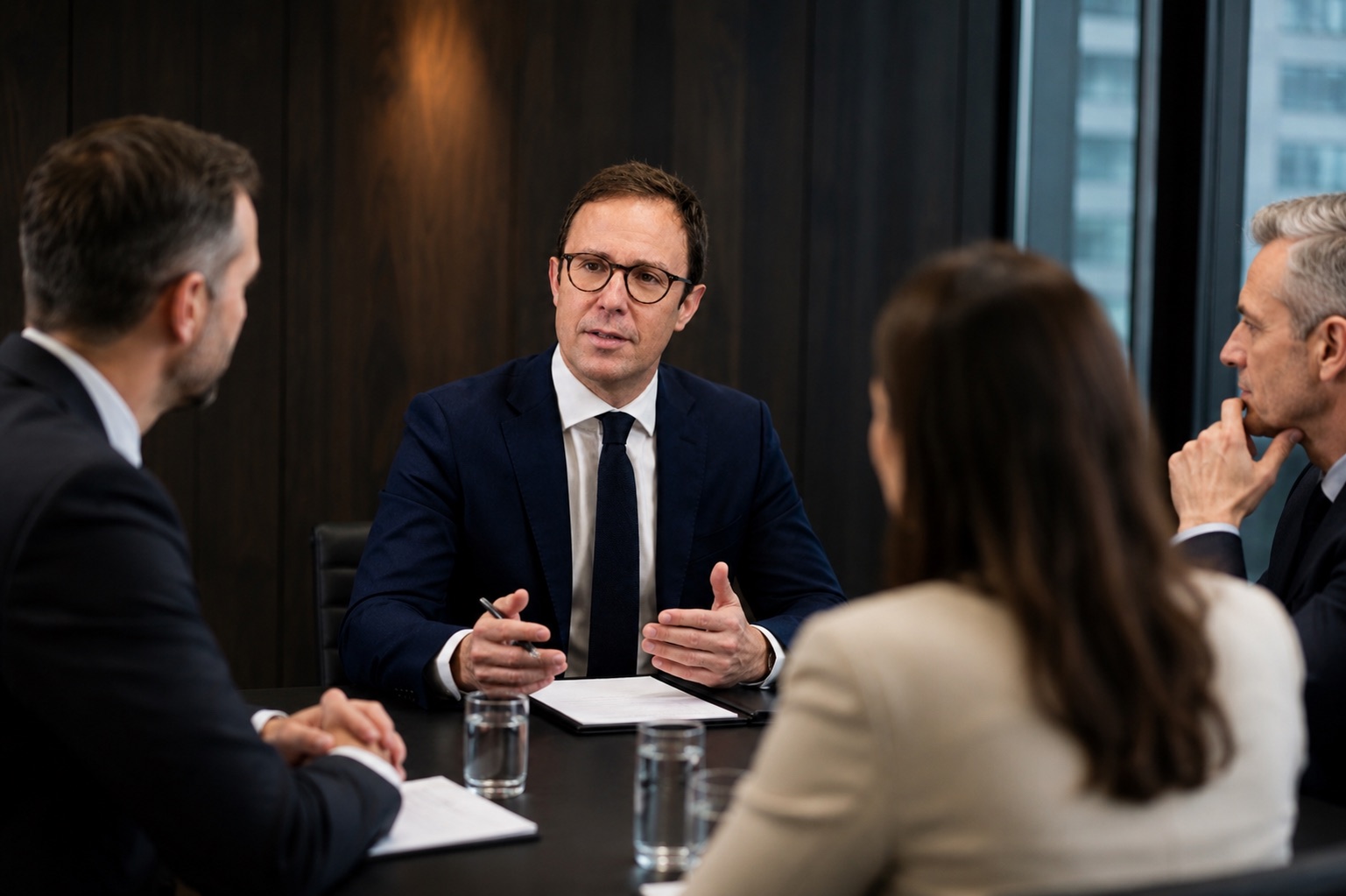 Anwalt von corelaw im Besprechungsraum mit Mandanten