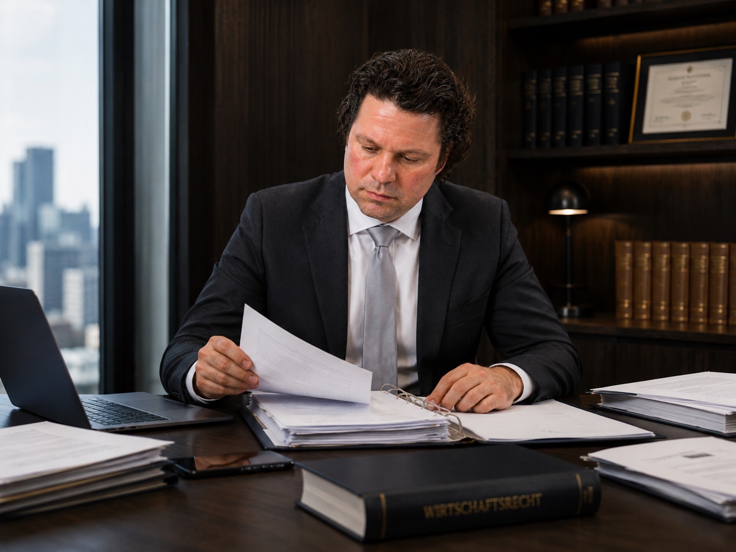 Fachanwalt von corelaw prüft Ermittlungsunterlagen am Schreibtisch
