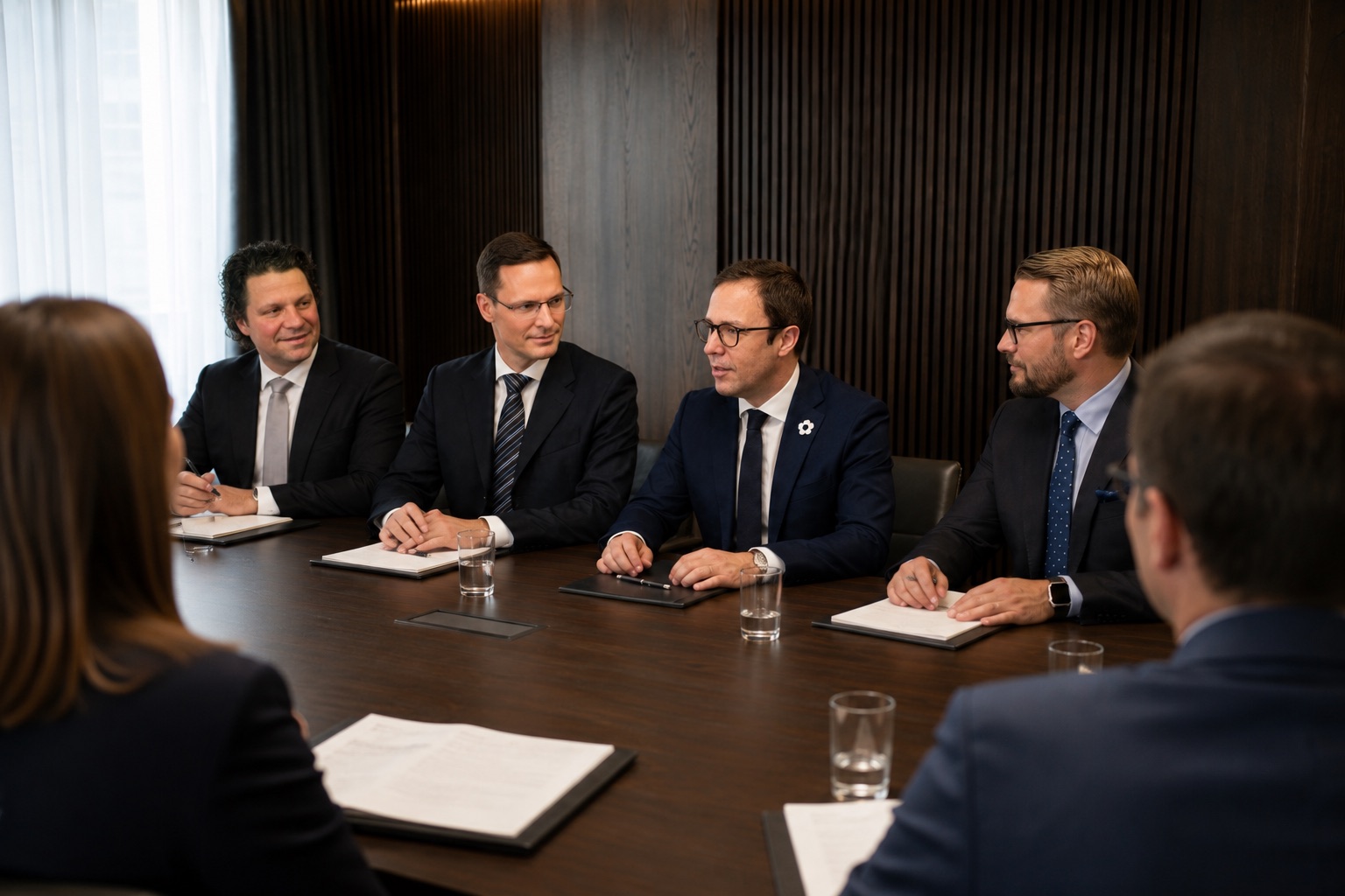 Die Anwälte von corelaw im Gespräch mit Mandanten am Konferenztisch
