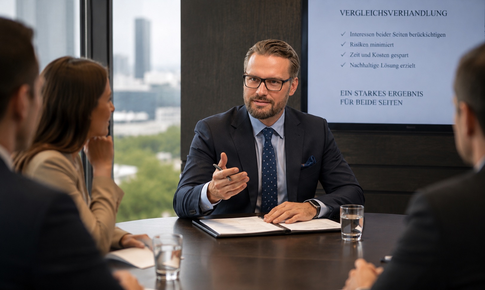 Anwalt von corelaw in einer Vergleichsverhandlung am Konferenztisch