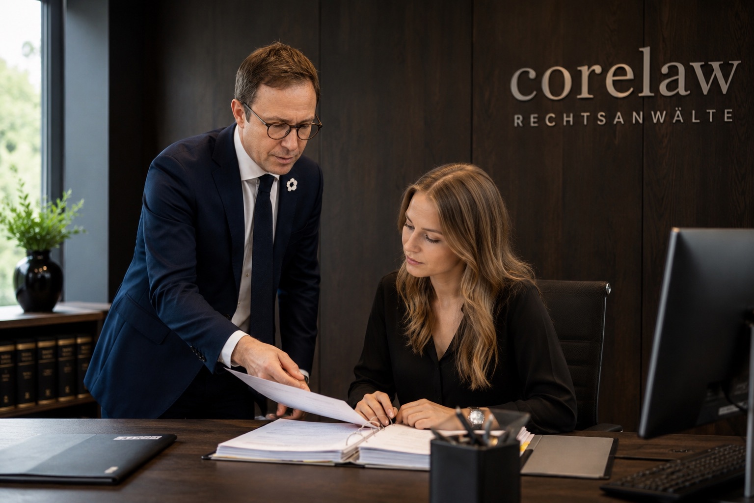 Fachanwalt von corelaw prüft mit einer Mandantin den Steuerbescheid